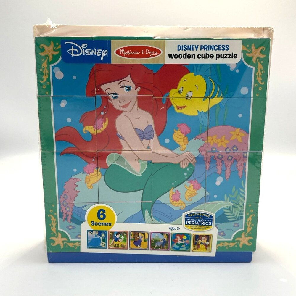 Disney Princess X Melissa & Doug Wooden Cube Puzzle 6 Scenes Ariel Cinderella‎